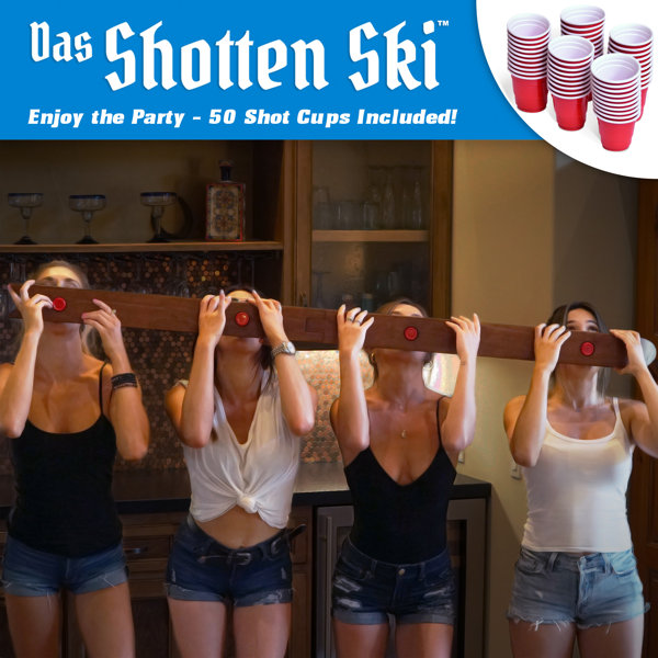 GoPong Das Shotten Ski - Rustic Wood 4 Person Drinking Ski With 50 Plastic Shot Glasses